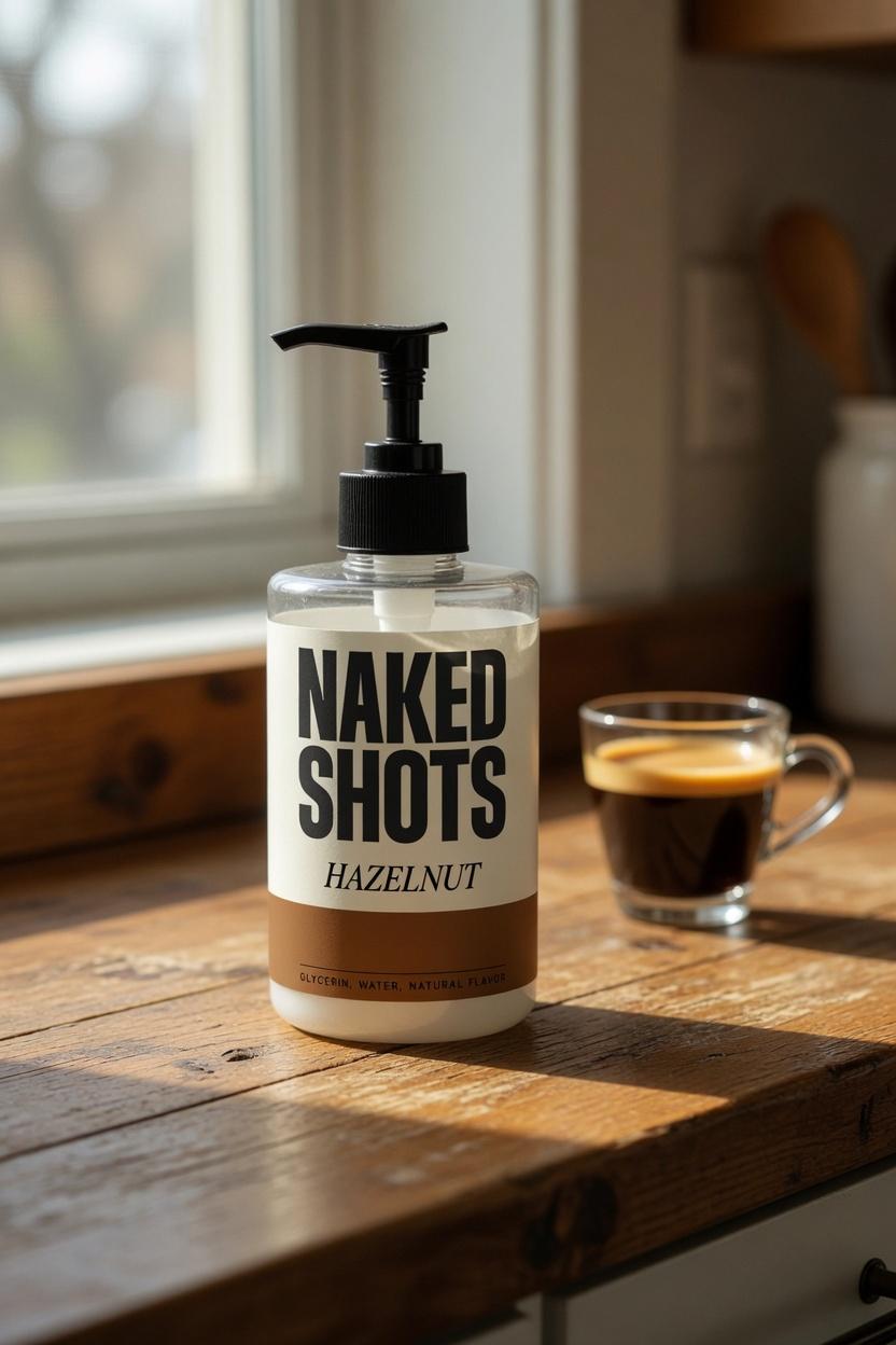 Naked Shots Hazelnut bottle on a wood kitchen counter next to an espresso